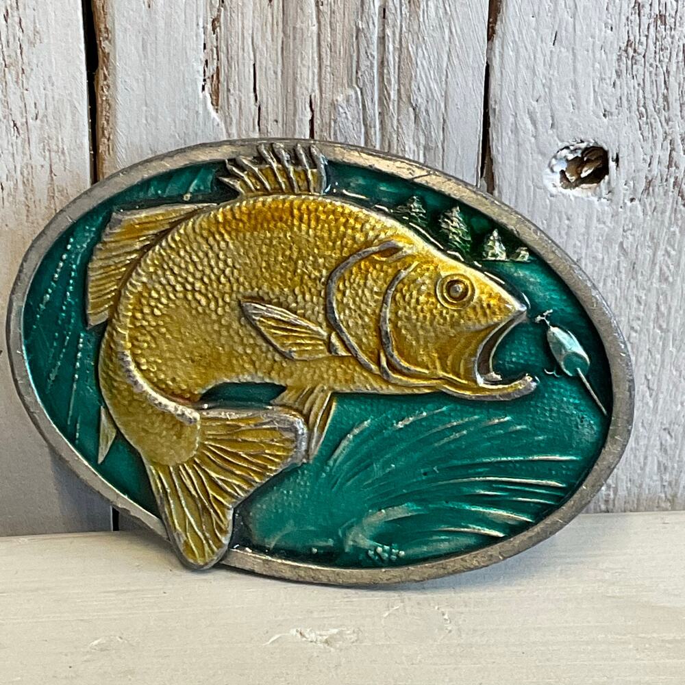 1977 Bass Bergamot Brass Works Belt Buckle USA Angler X144 Retro